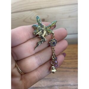 Vintage Kirk's Fairy Gold Toned Brooch Dangling Charm Blue Crystals Small Bell